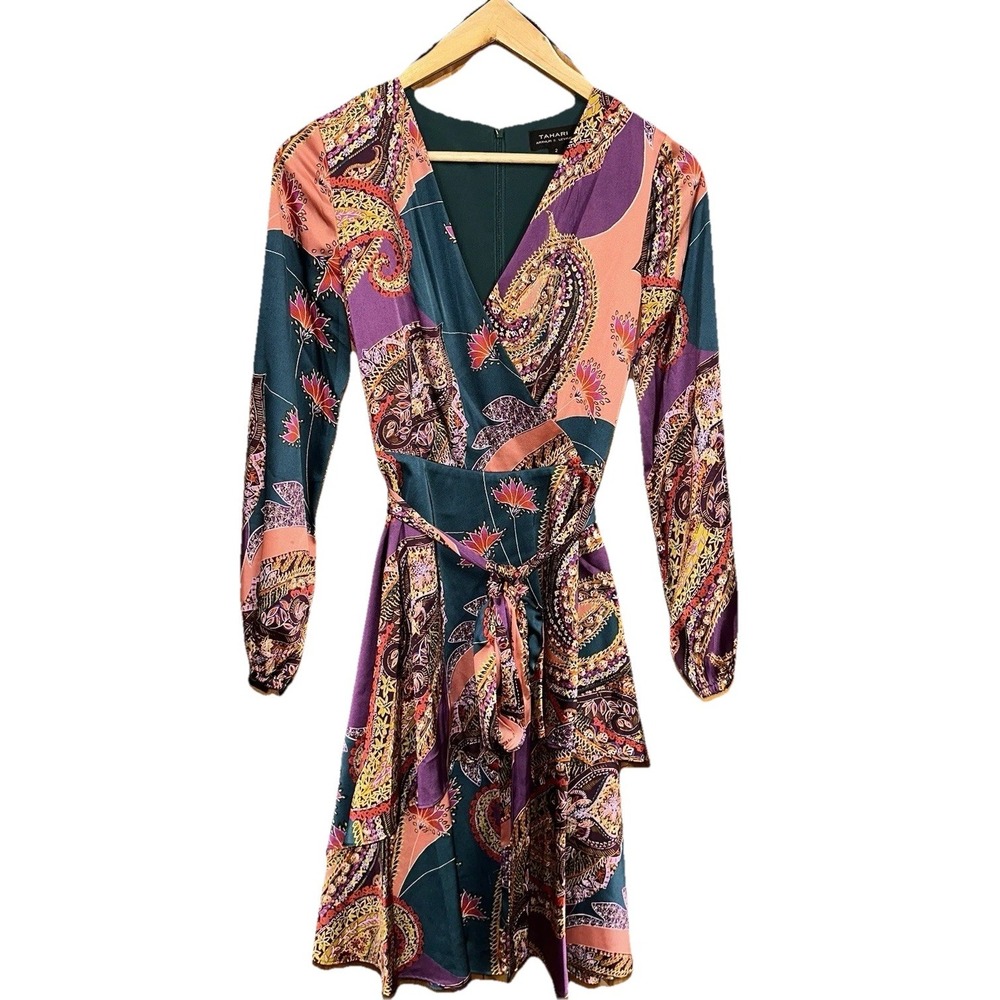 Tahari‎ Arthur S. Levine Paisley Georgette Tiered Wrap Midi Dress Women's 2 $139